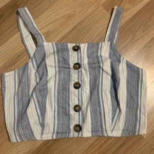blue and white striped top with buttons